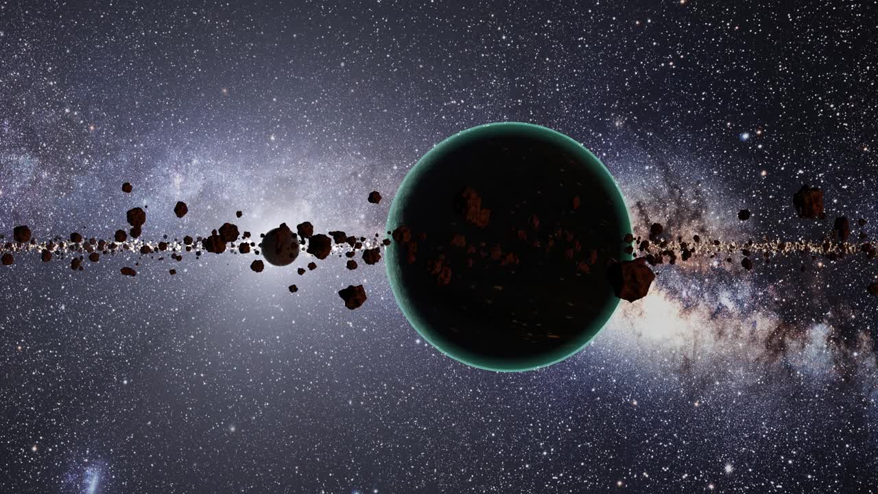 绿色外星行星周围的小行星和一个行星在一个星云- 3D插图视频下载