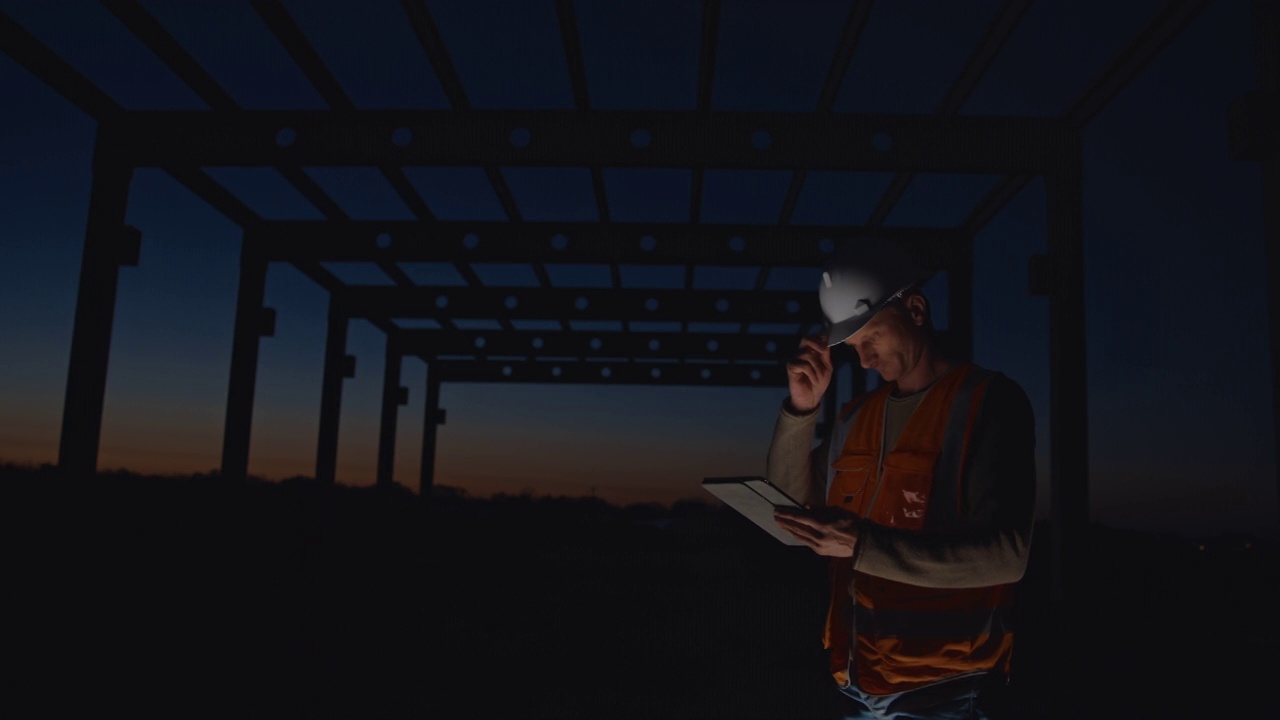 SLO MO建筑承包商黄昏时在工地上使用数码平板电脑视频素材