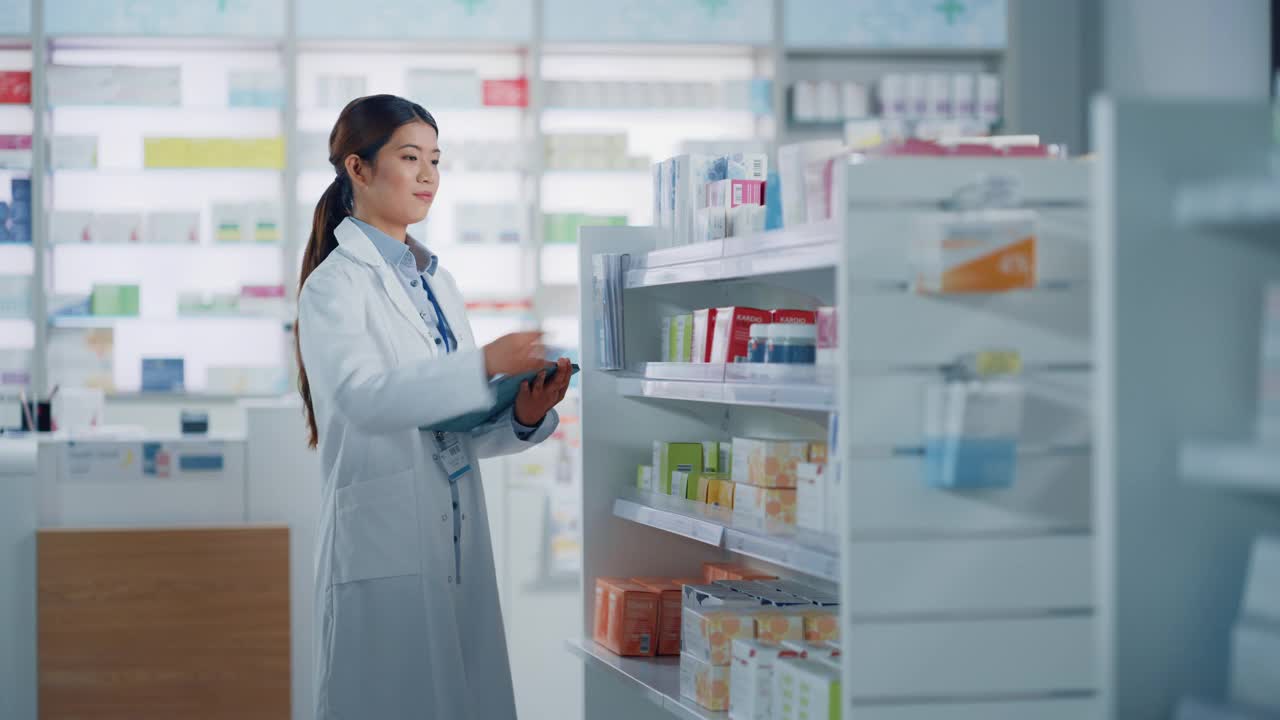 药店:美丽的亚洲药剂师使用数字平板电脑，检查库存的药物，药物，维生素，保健产品的货架上。药店专业药剂师视频素材