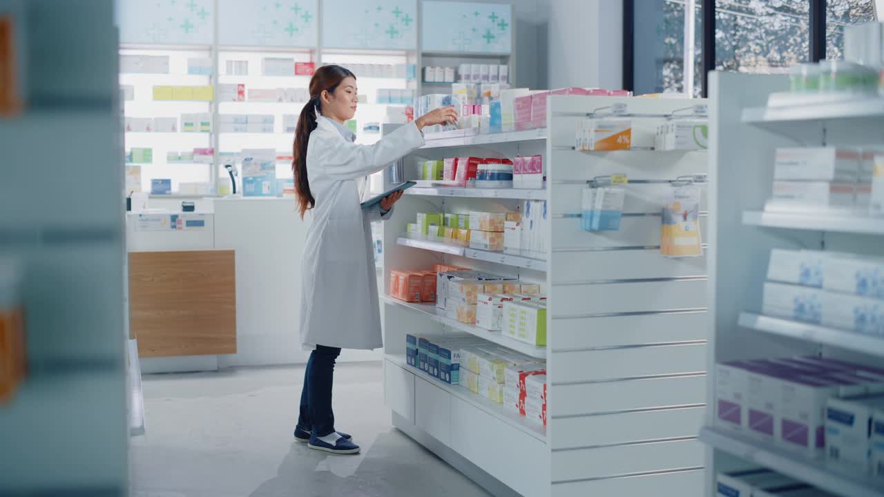 药店:美丽的亚洲药剂师使用数字平板电脑，检查库存的药物，药物，维生素，保健产品的货架上。药店专业药剂师视频素材