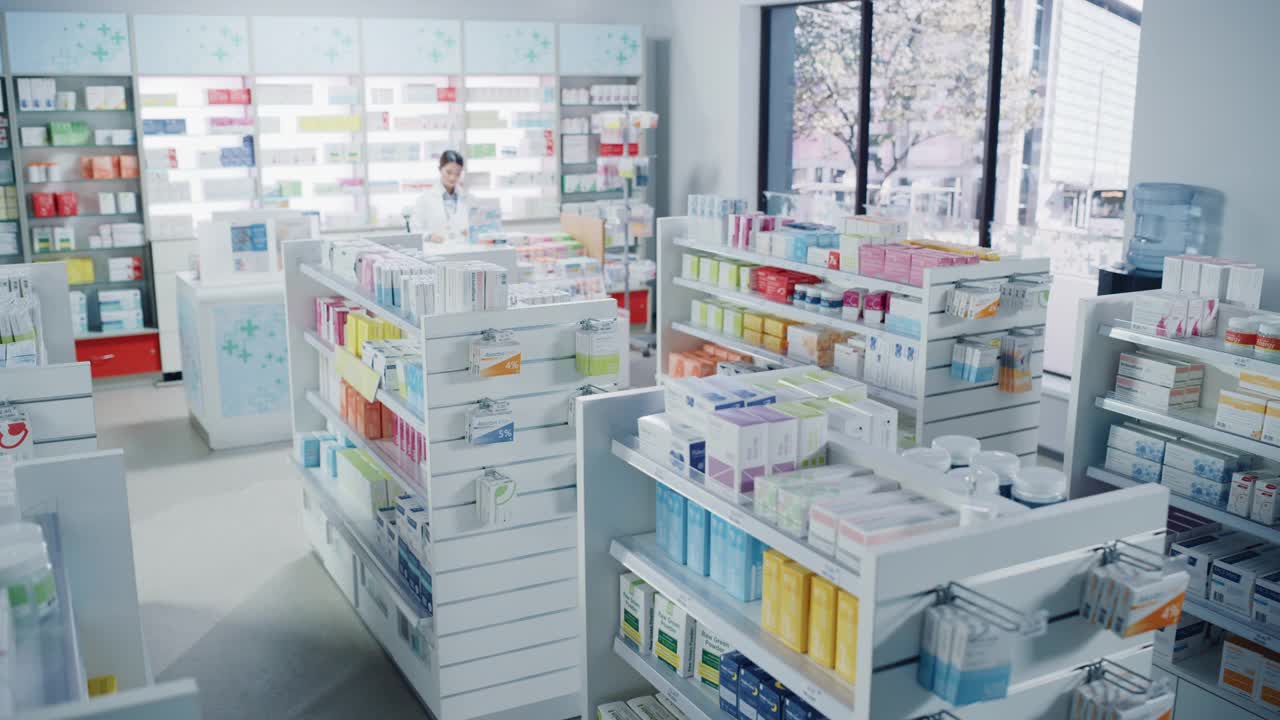 大现代药房药房摆满了现代医药，药品，维生素盒子，药丸，补品，保健产品的包装。药剂师站在柜台。远景视频素材