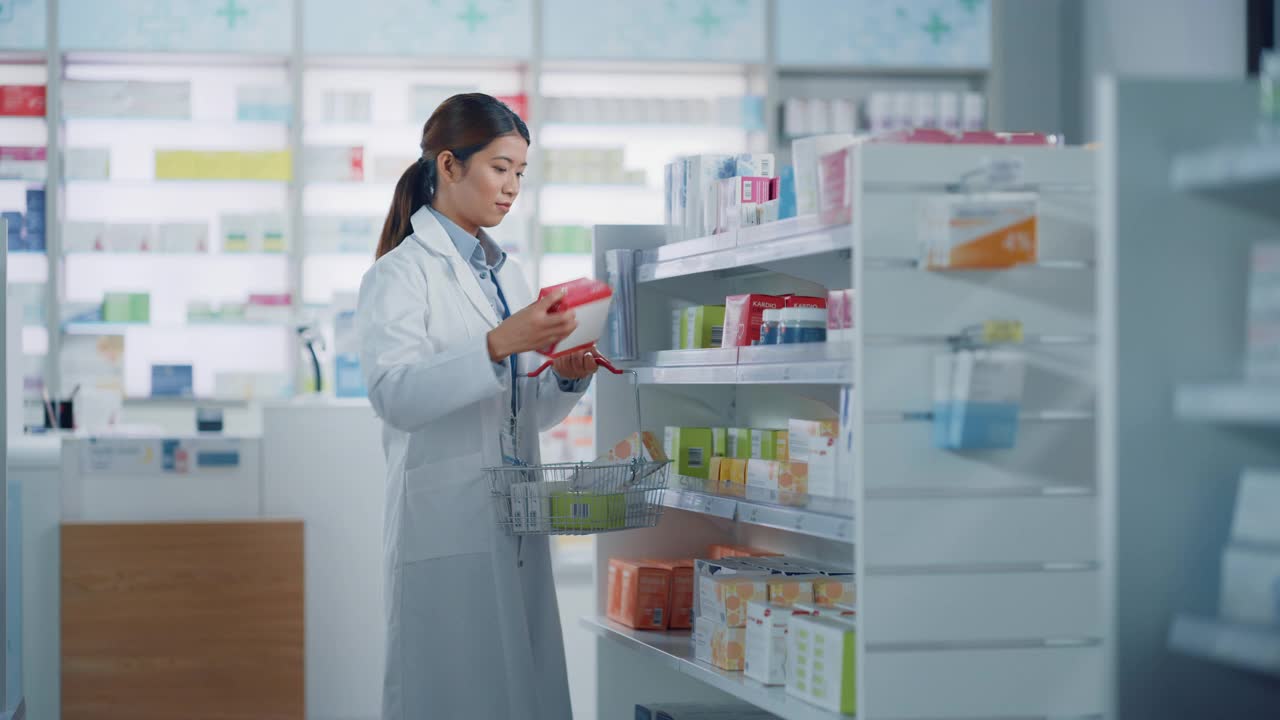 药店:美丽的亚洲药剂师做库存，安排药品包装，药品，维生素，保健产品在货架上。药店专业药剂师视频素材