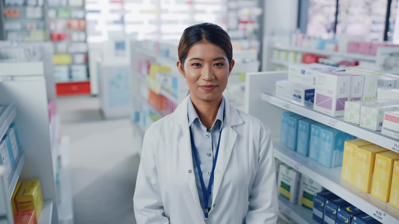 药店:美丽的亚洲药剂师的肖像穿着白大褂，看着相机和迷人的微笑，在她的摆满药包的货架后面。中等的特写镜头视频素材