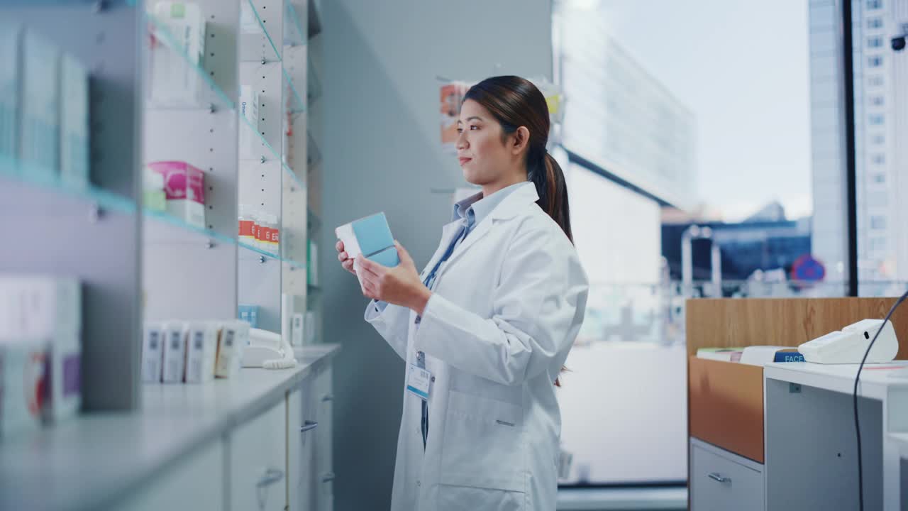 药店:美丽勤奋的亚洲药剂师的肖像穿着白大褂安排药包，药盒，维生素和补充药丸在柜台后面的架子上视频素材