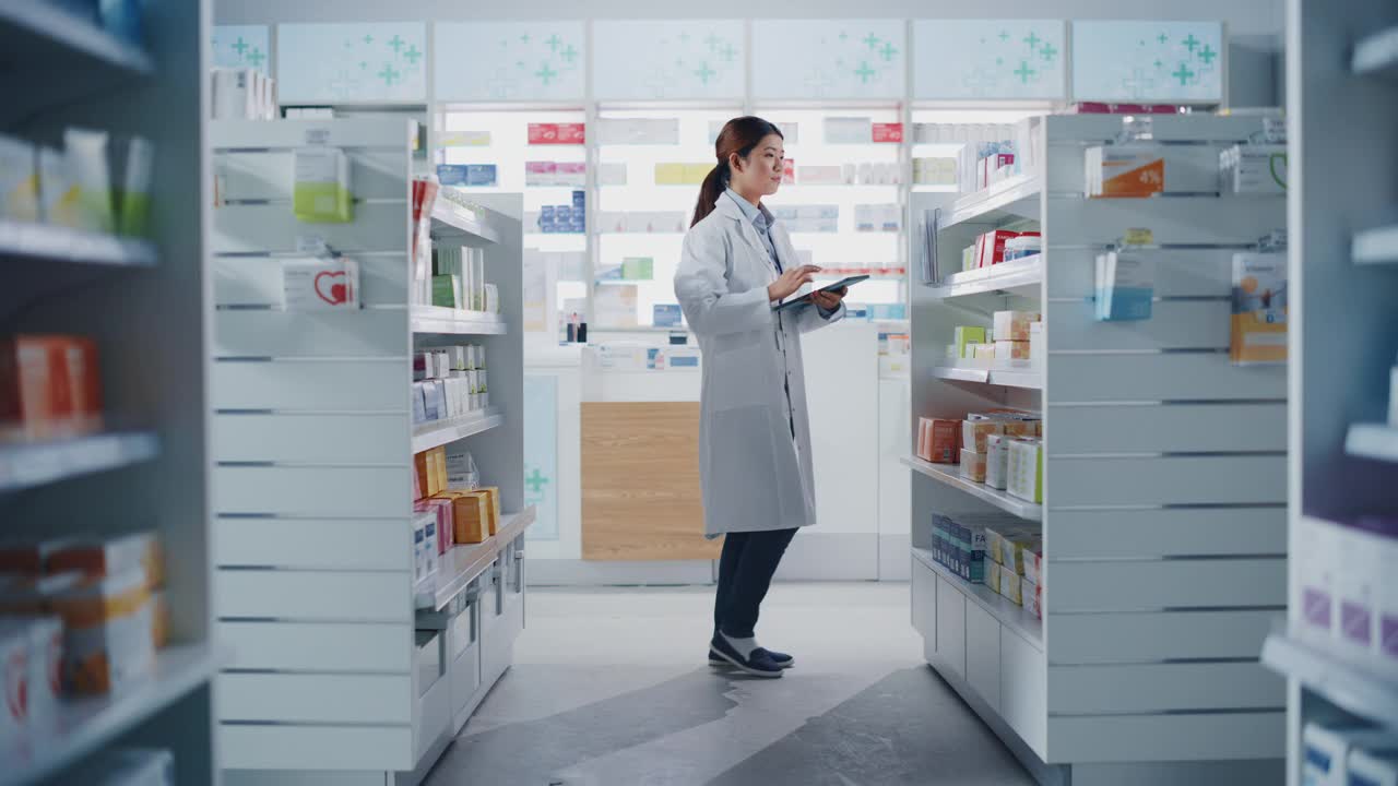 药店:美丽的中国药剂师使用数字平板电脑，检查库存的药品，药物，维生素，保健产品的货架上。药店专业药剂师视频素材