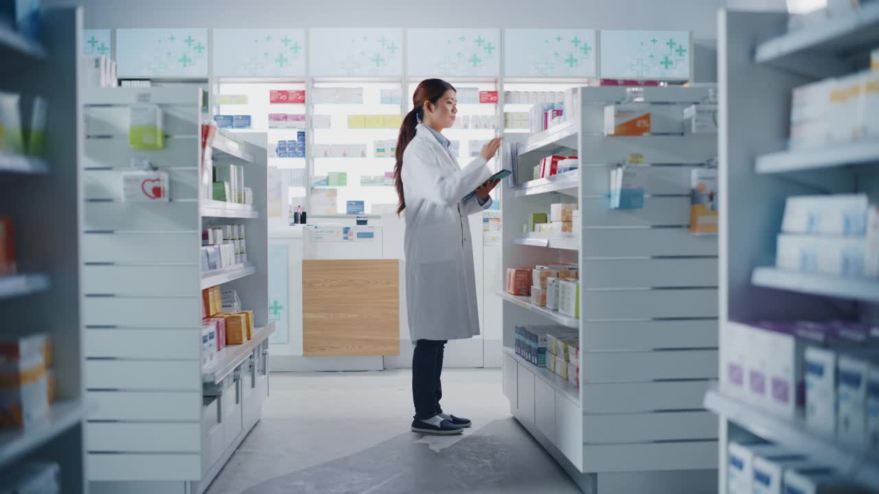 药店:美丽的中国药剂师使用数字平板电脑，检查库存的药品，药物，维生素，保健产品的货架上。药店专业药剂师视频素材