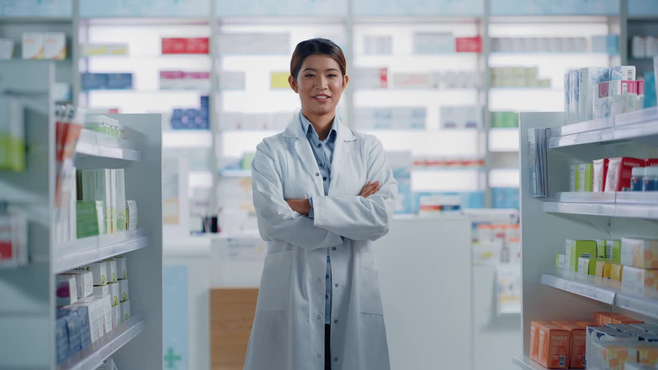 药店:美丽的亚洲药剂师的肖像穿着白大褂，双臂交叉站着，看着相机，迷人地微笑。货架上摆满了药品和保健品视频下载
