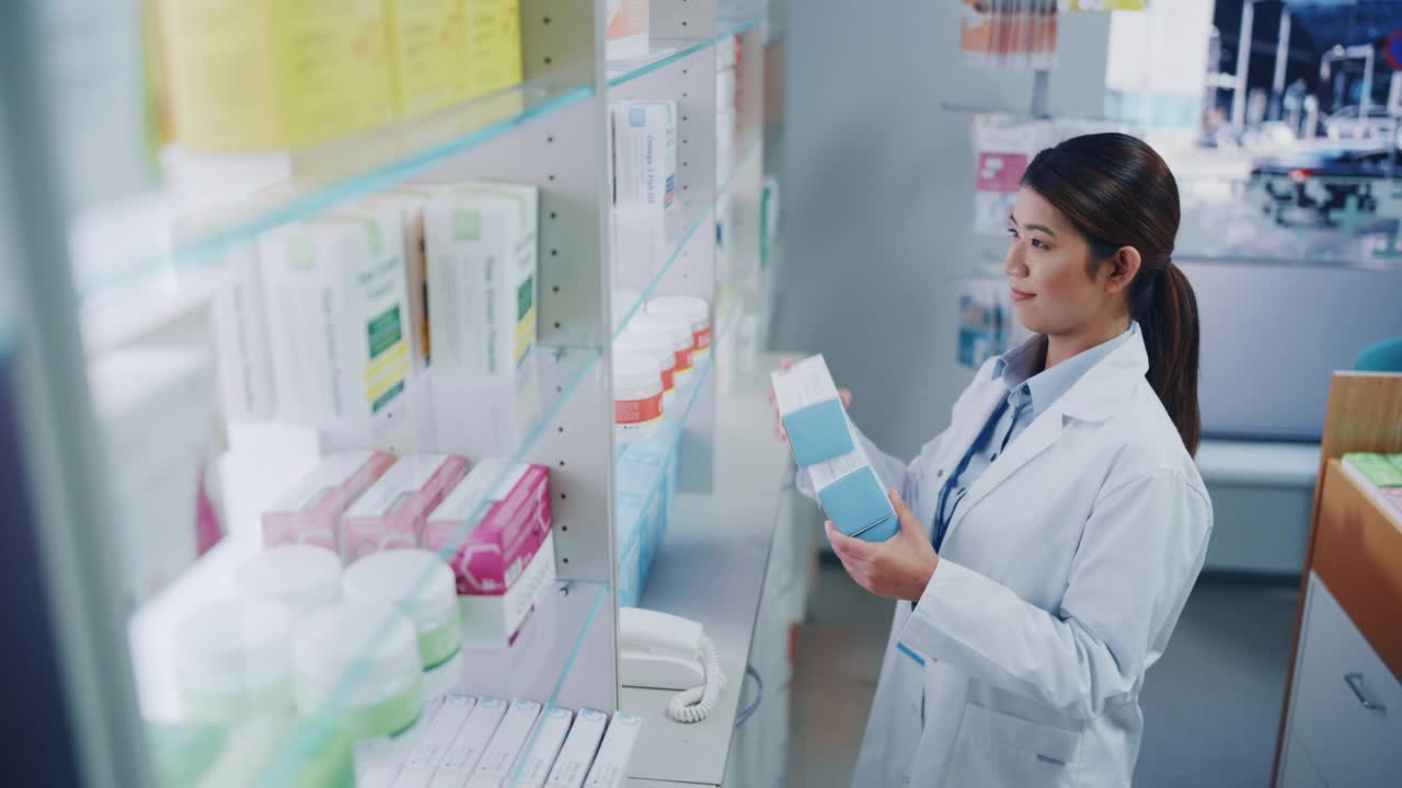 药店:美丽勤奋的亚洲药剂师的肖像穿着白大褂安排药包，药盒，维生素和补充药丸在柜台后面的架子上视频素材