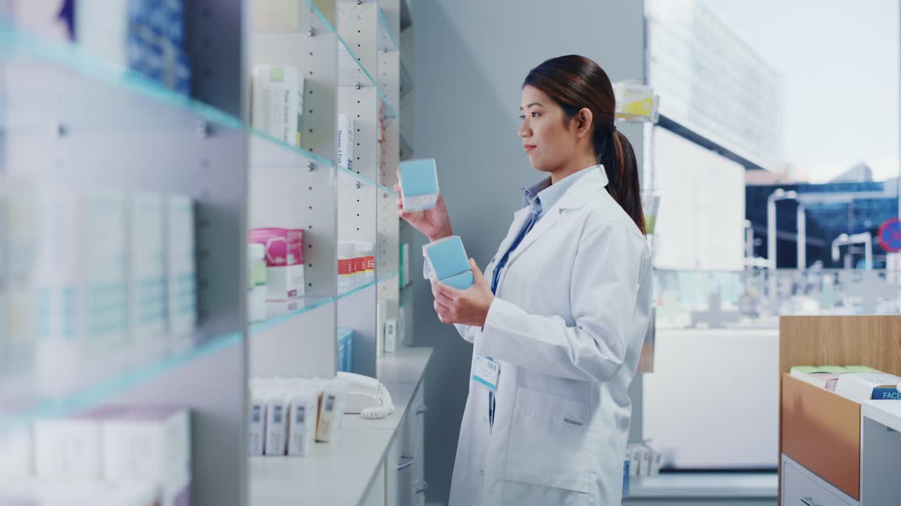 药店:美丽的亚洲药剂师穿着白大褂安排药包，药盒，维生素和补充药丸在柜台后面的架子上的肖像视频下载