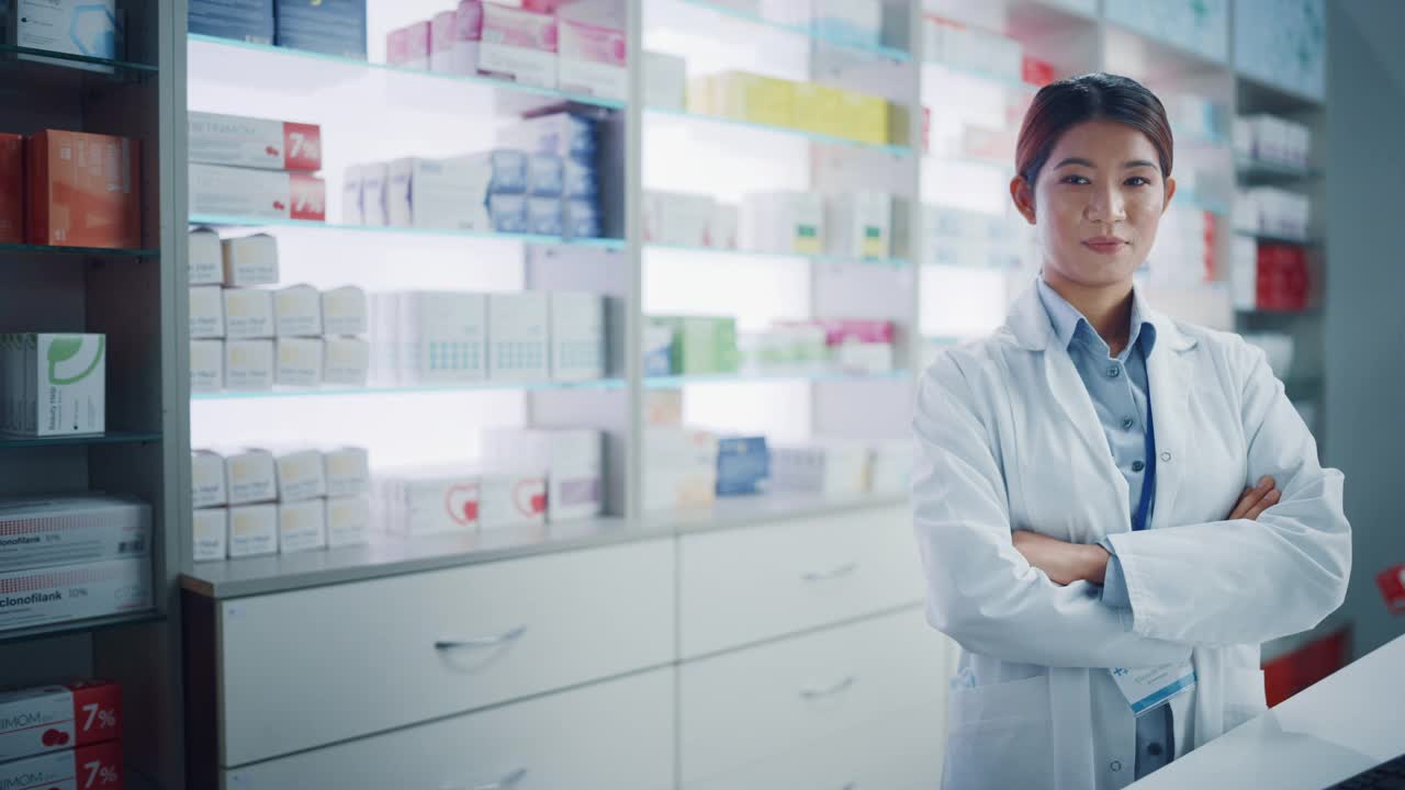 药店:美丽的亚洲女性药剂师的肖像穿着白色的实验室大衣，看着相机，微笑，在她的收银台后面，货架上的药品包装，保健产品视频素材