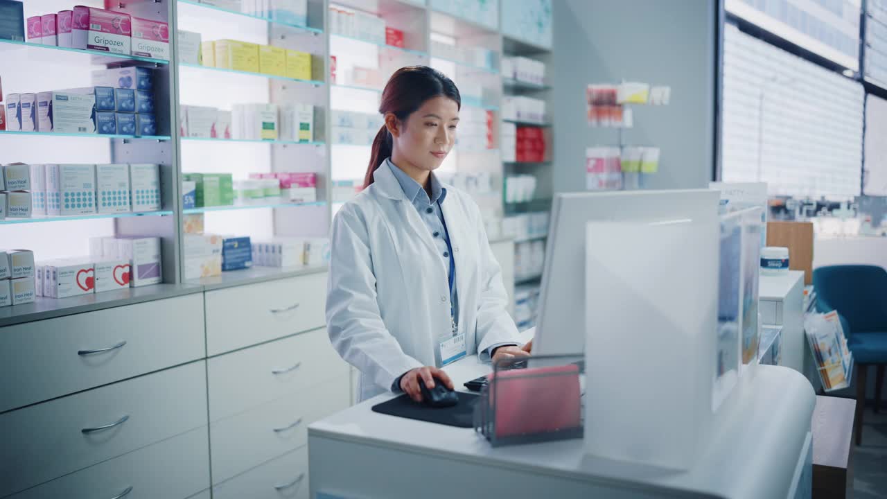 药店:美丽的亚洲药剂师使用结帐柜台电脑，做库存检查，在线处方的药物，药丸，补充剂看着照相机微笑。视频素材
