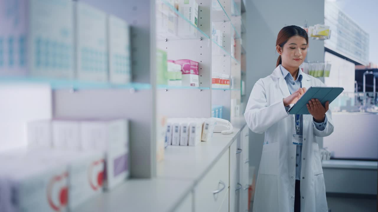 药店:美丽的亚洲女性药剂师的肖像穿着白色的实验室大衣，看着相机，微笑，在她的收银台后面，货架上的药品包装，保健产品视频素材