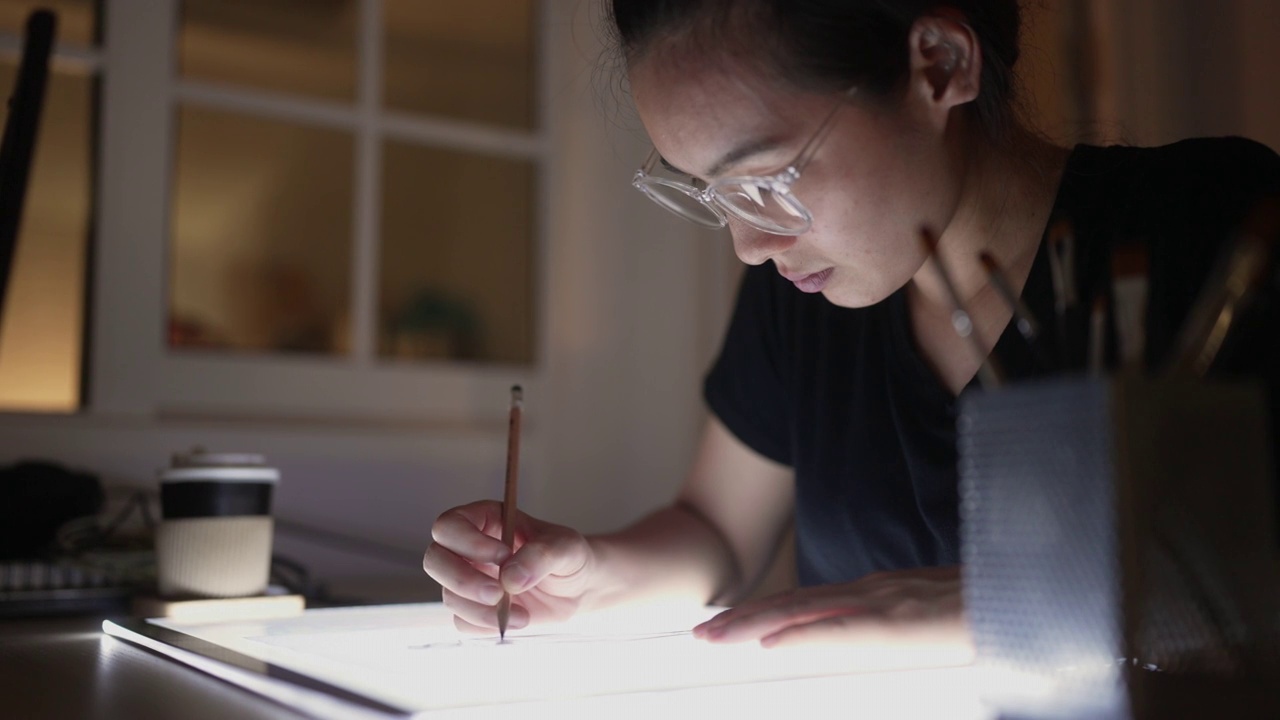 亚洲艺术家在家里的草稿板上画素描视频素材