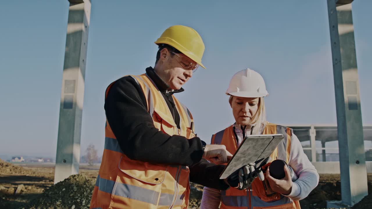 SLO MO建筑承包商和工程师在建筑工地使用数字平板电脑视频下载