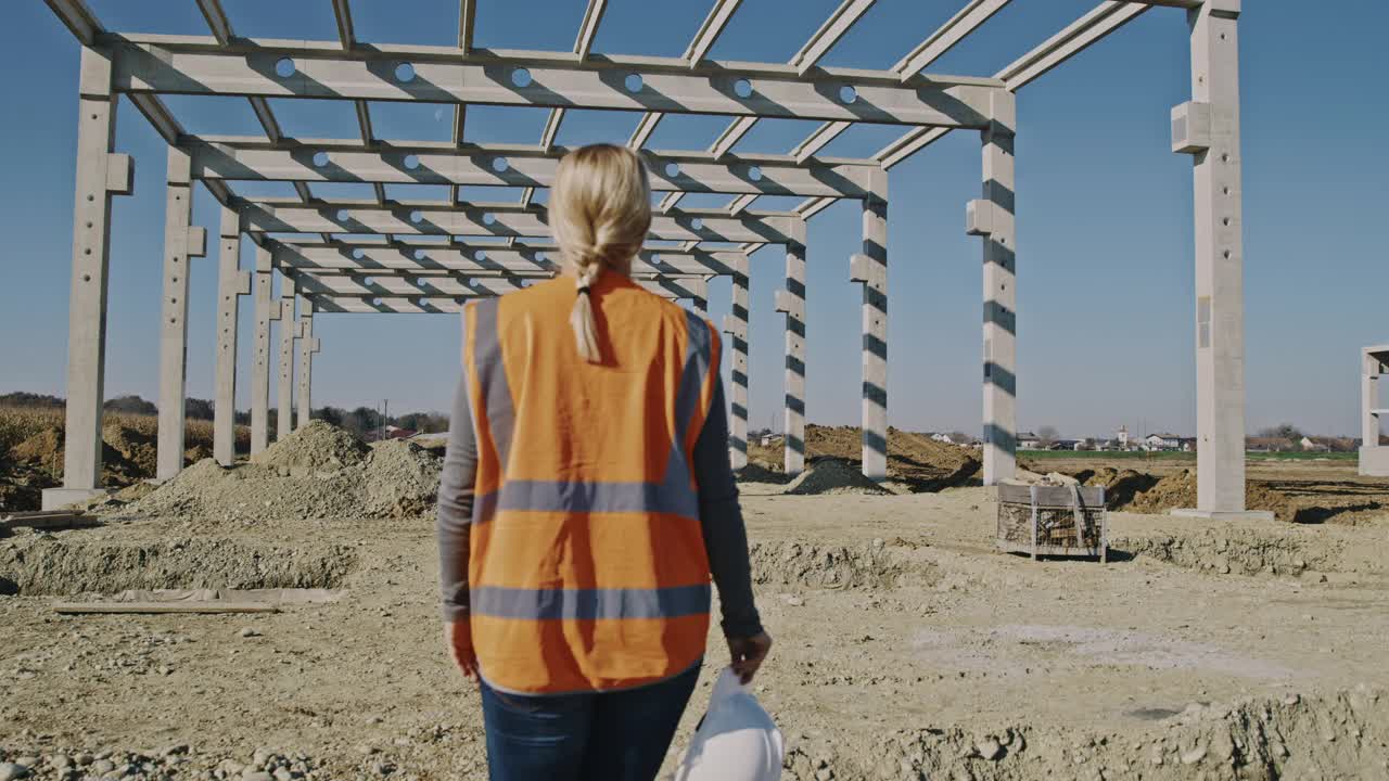 SLO MO建筑承包商戴上工作头盔，而她是行走在建筑工地视频素材
