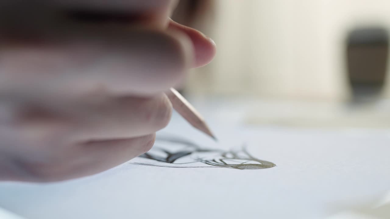 女人用铅笔在纸上画素描视频素材