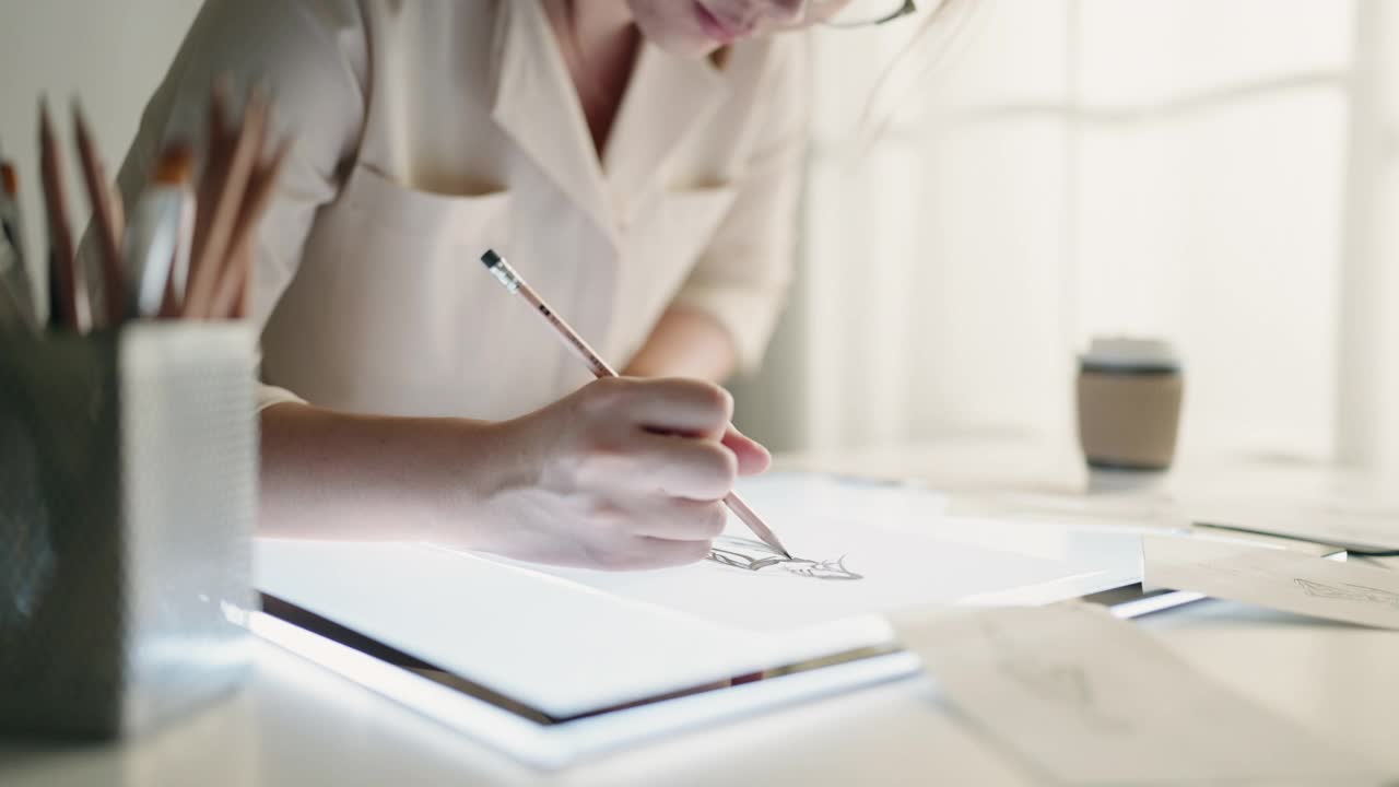 女人用铅笔在纸上画素描视频素材