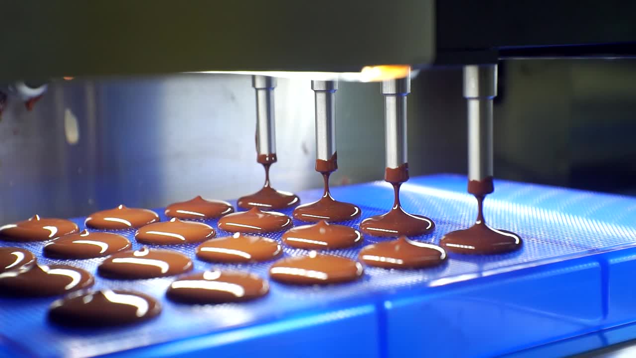 现代工作食品设备。巧克力的生产。工艺流程。巧克力液从机器中倒出来。特写镜头视频素材
