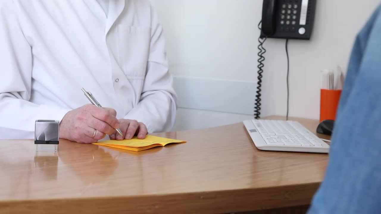 医生在接种卡上签了字，然后把卡给了病人。视频素材