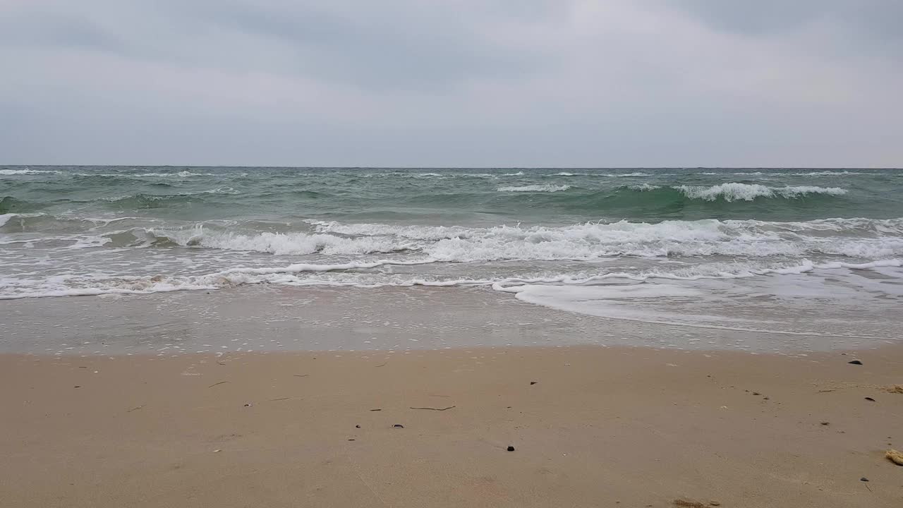 海景，沙滩，大海和灰色的云，海鸥在海浪上翱翔。暴风雨天气。波涛汹涌的海面。视频下载