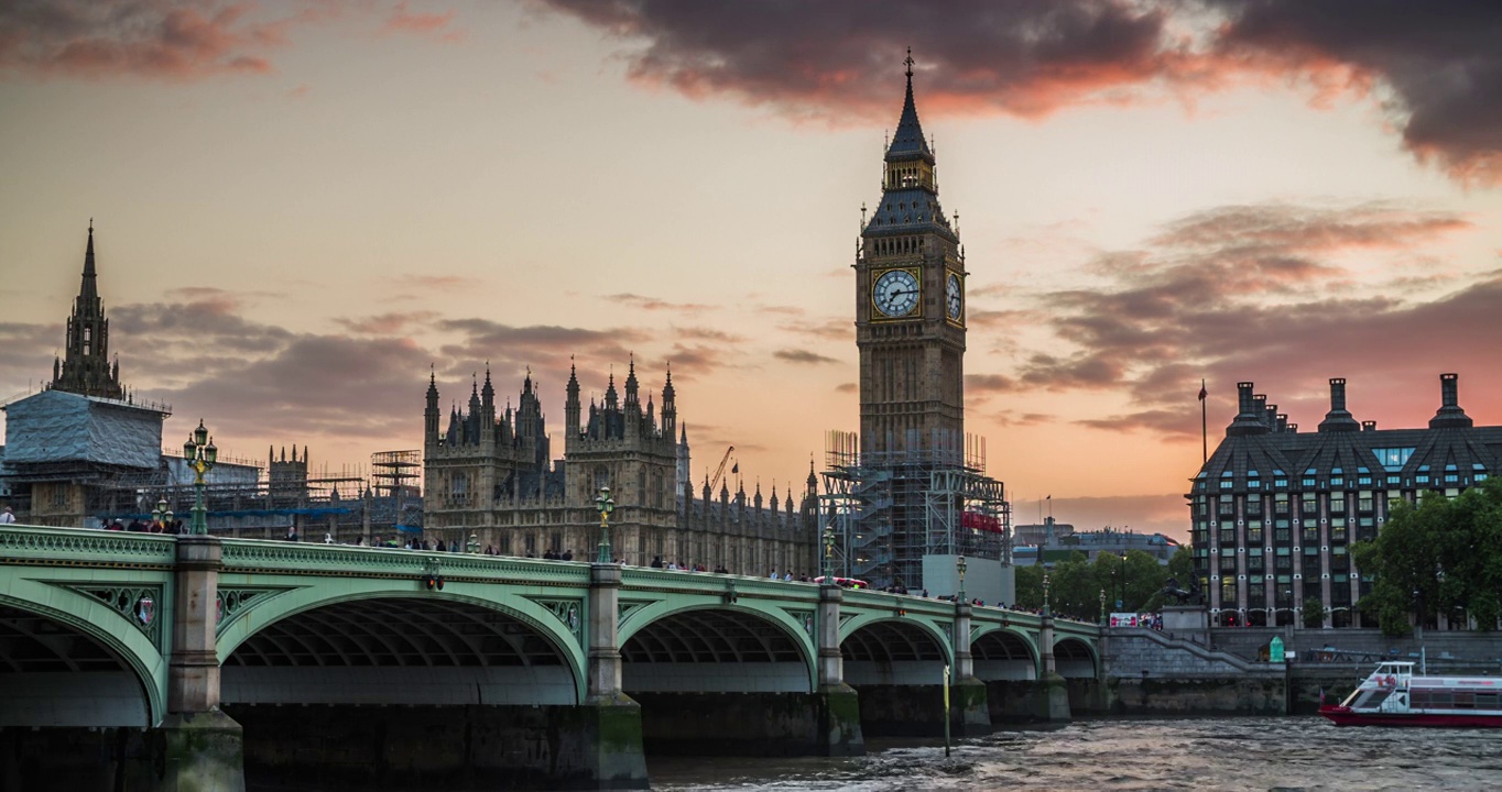 英国伦敦的大本钟和威斯敏斯特桥。视频下载