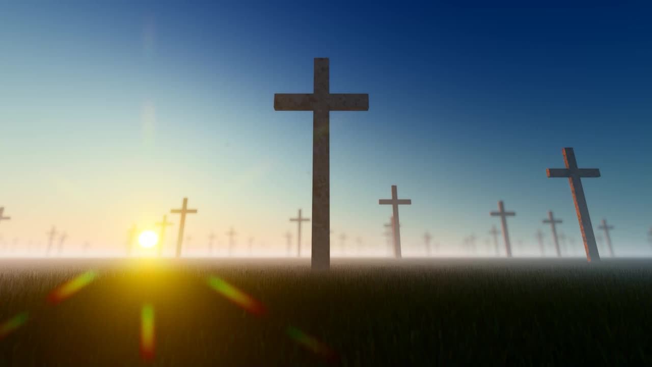 日落视图的3D十字架墓地背景视频下载