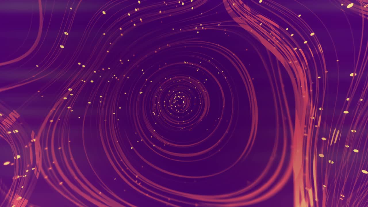 催眠波浪形的粉红色线与发光粒子在一个深紫色的背景。计算机生成的3d渲染无缝循环动画。景深。4K，超高清分辨率视频下载