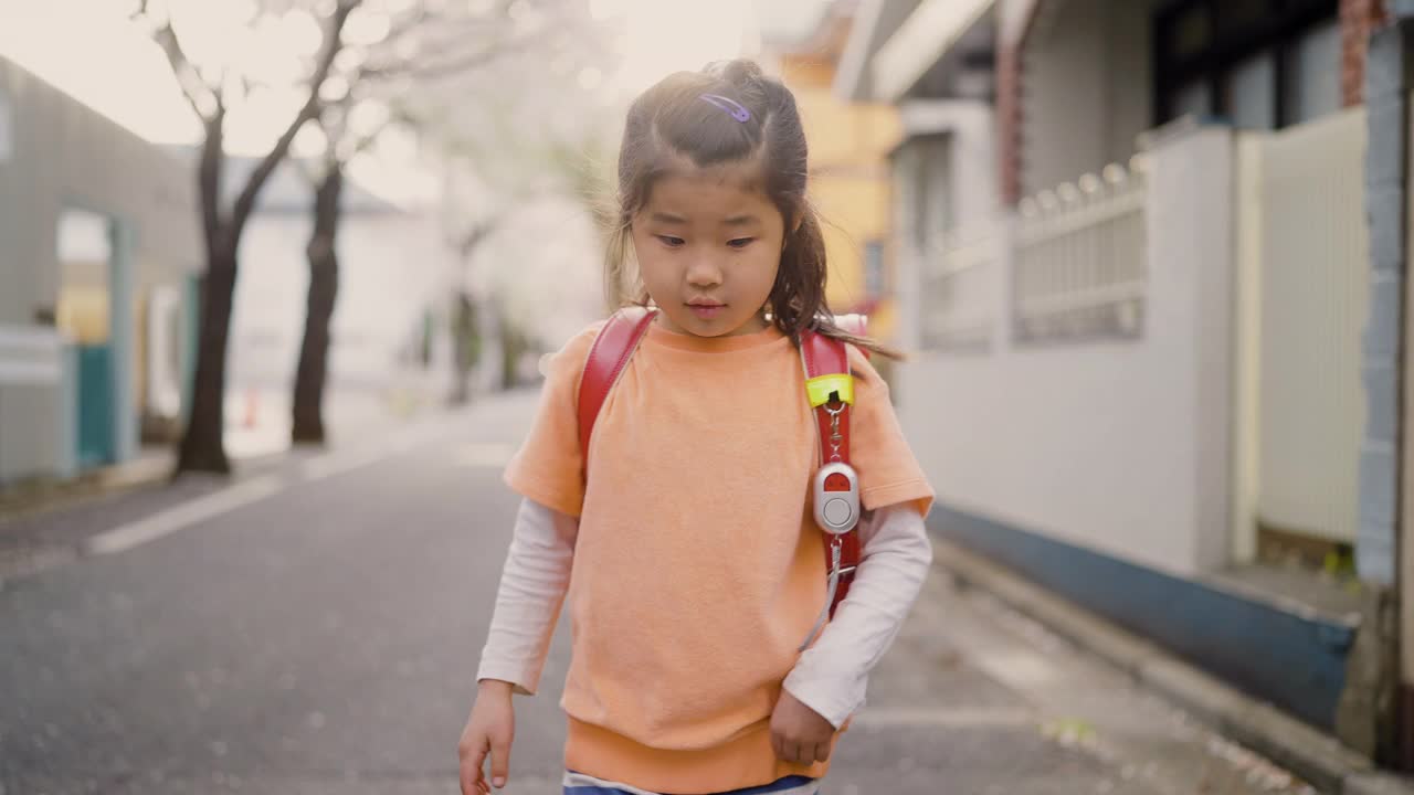 小日本女学生在住宅区樱花树下步行上学视频素材