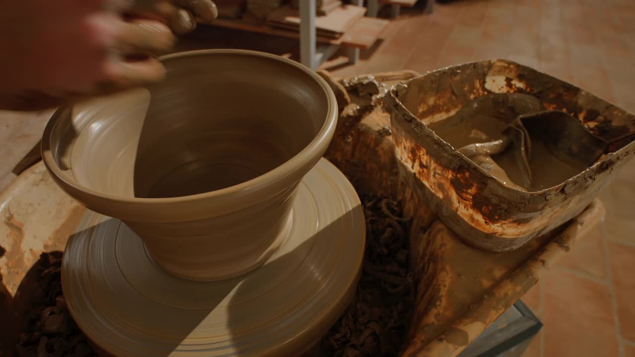 LD Potter正在湿粘土碗上制作装饰雕刻视频素材