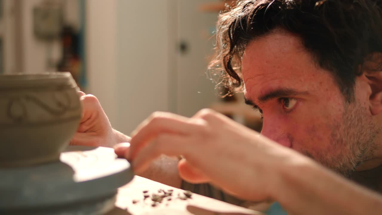 男陶工将装饰图案雕刻成一个小碗，同时转动它视频素材