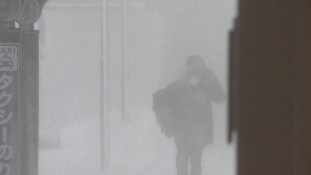 一个人在暴风雪中行走，秋田，日本视频下载