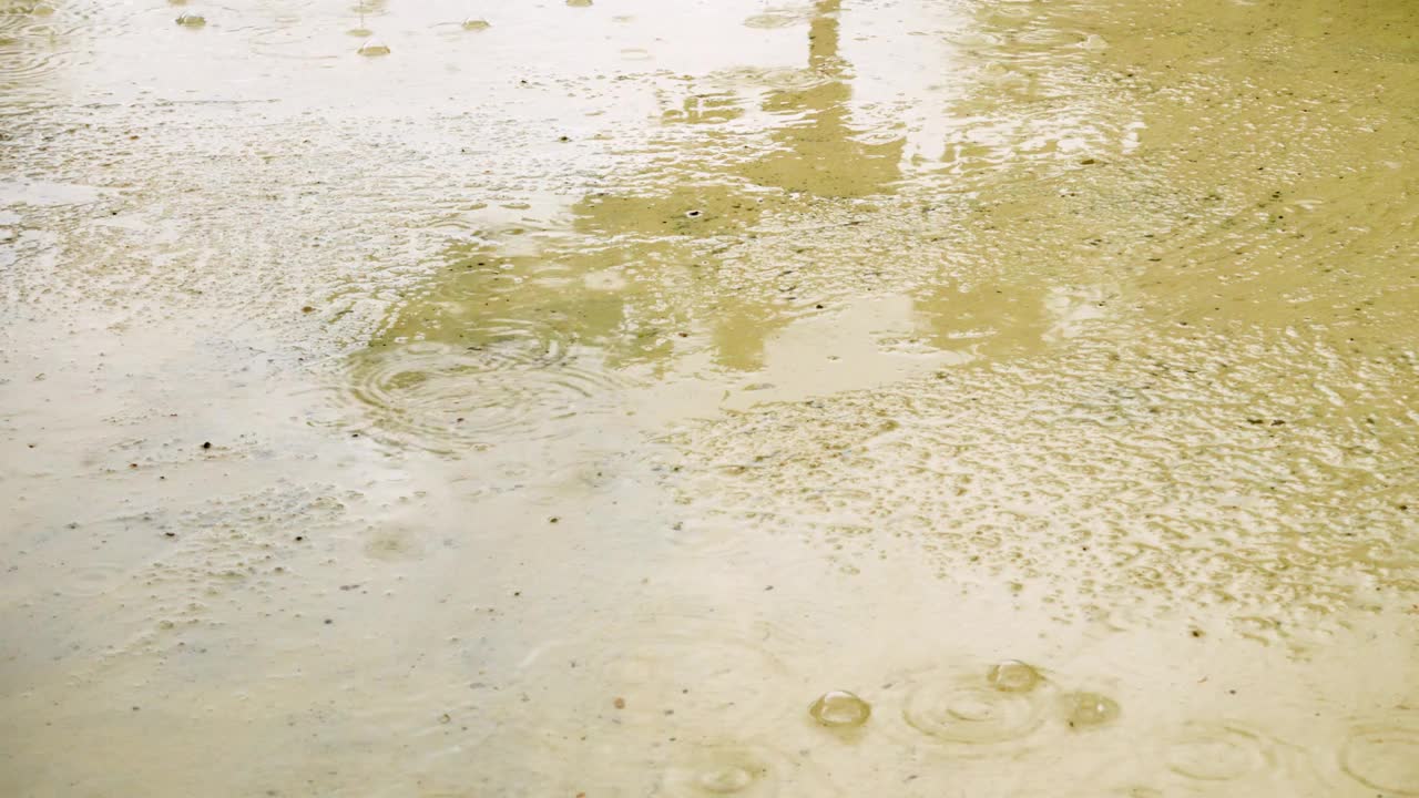 大雨滴落在潮湿的沥青表面的特写。潮湿的水坑和水泡视频下载