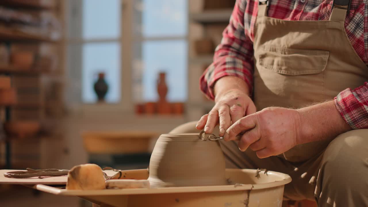 一位资深男陶工的手正在陶工转盘上装饰一个罐子视频素材