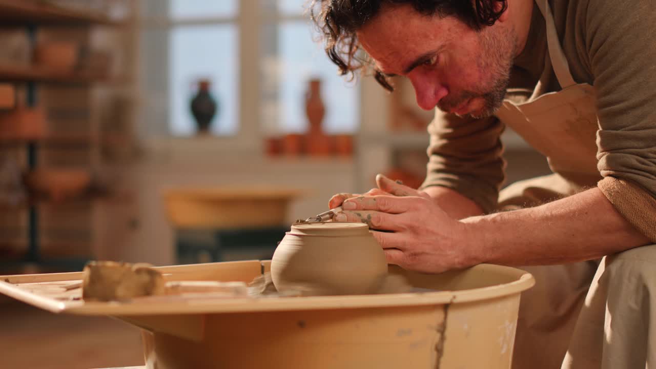 男陶工在陶工轮盘上装饰着一个罐子视频素材