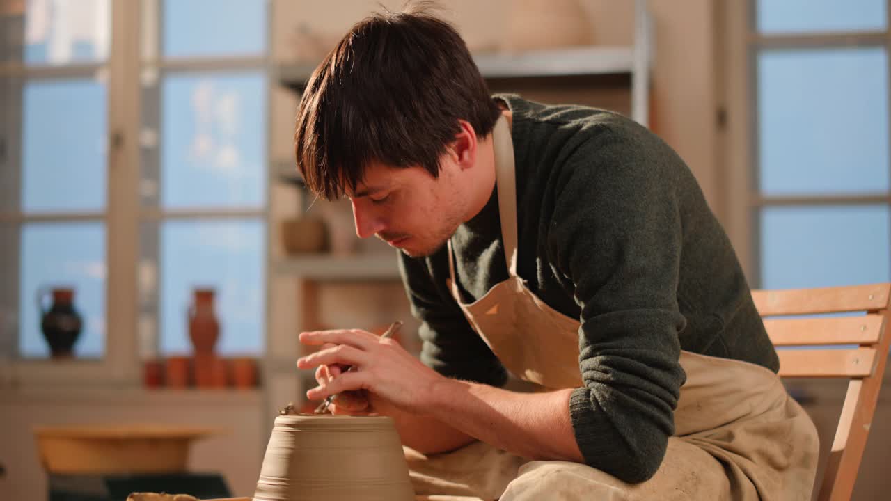 年轻的男陶工在陶工轮上修整锅底视频素材