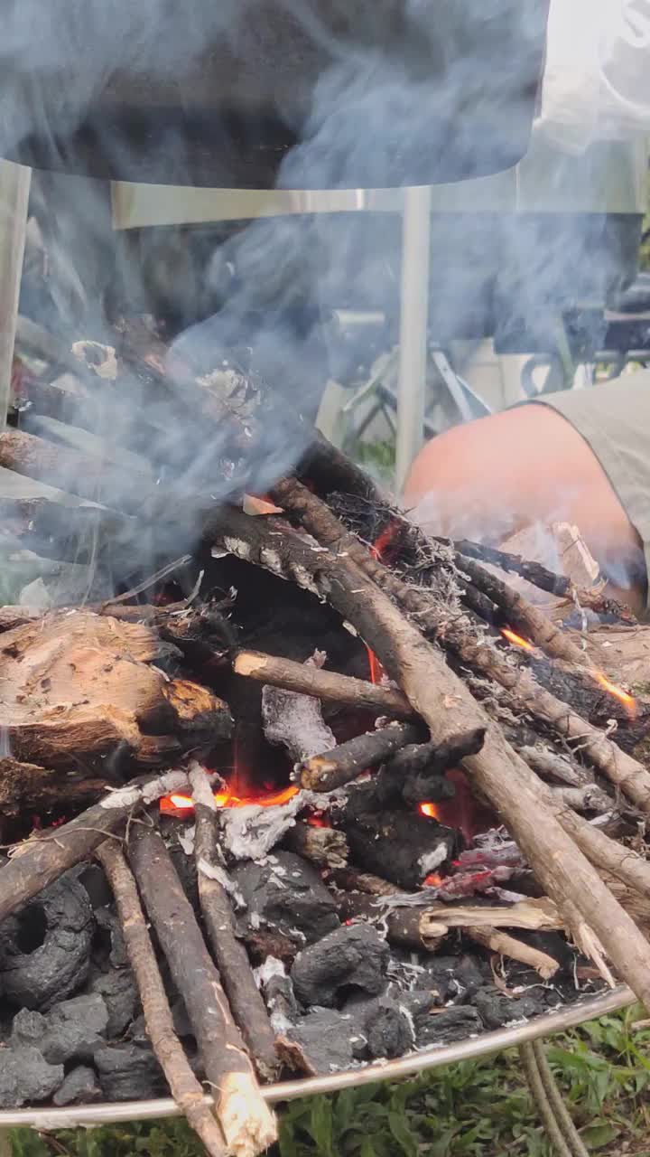 垂直视频亚洲人的手用木头点燃营火视频素材