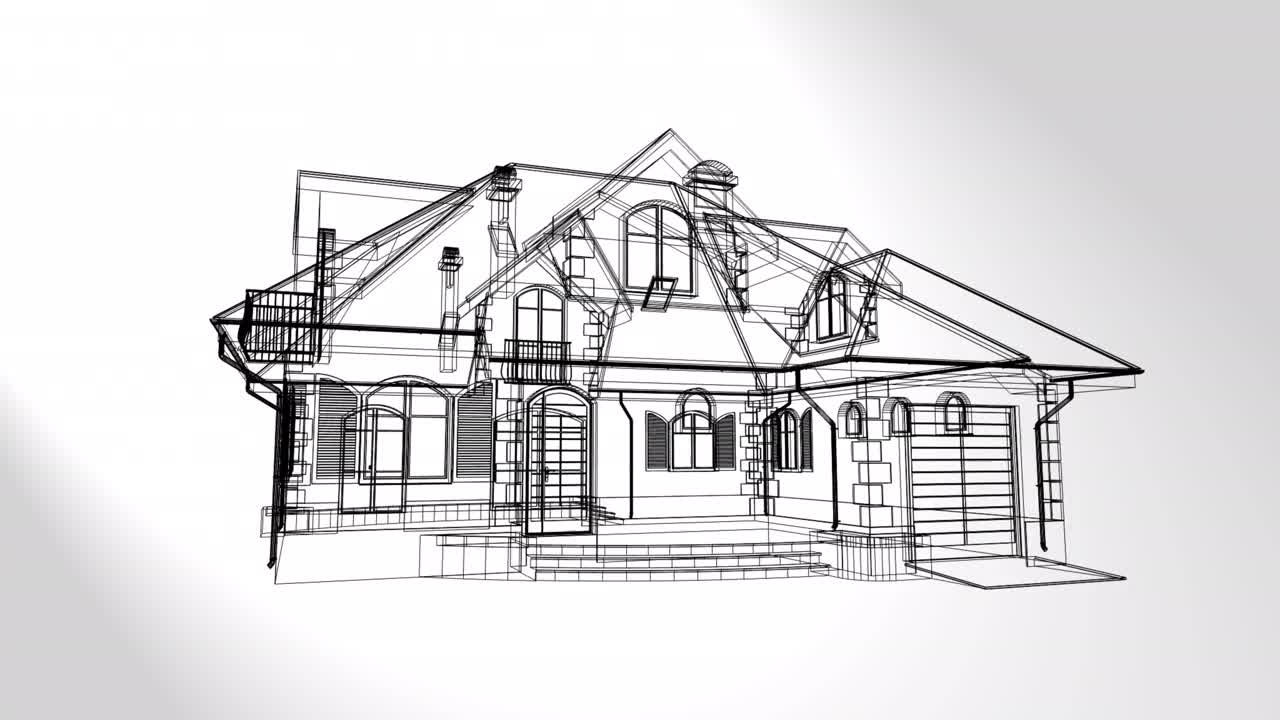 3d动画，白色背景上的房子(技术图纸)视频下载