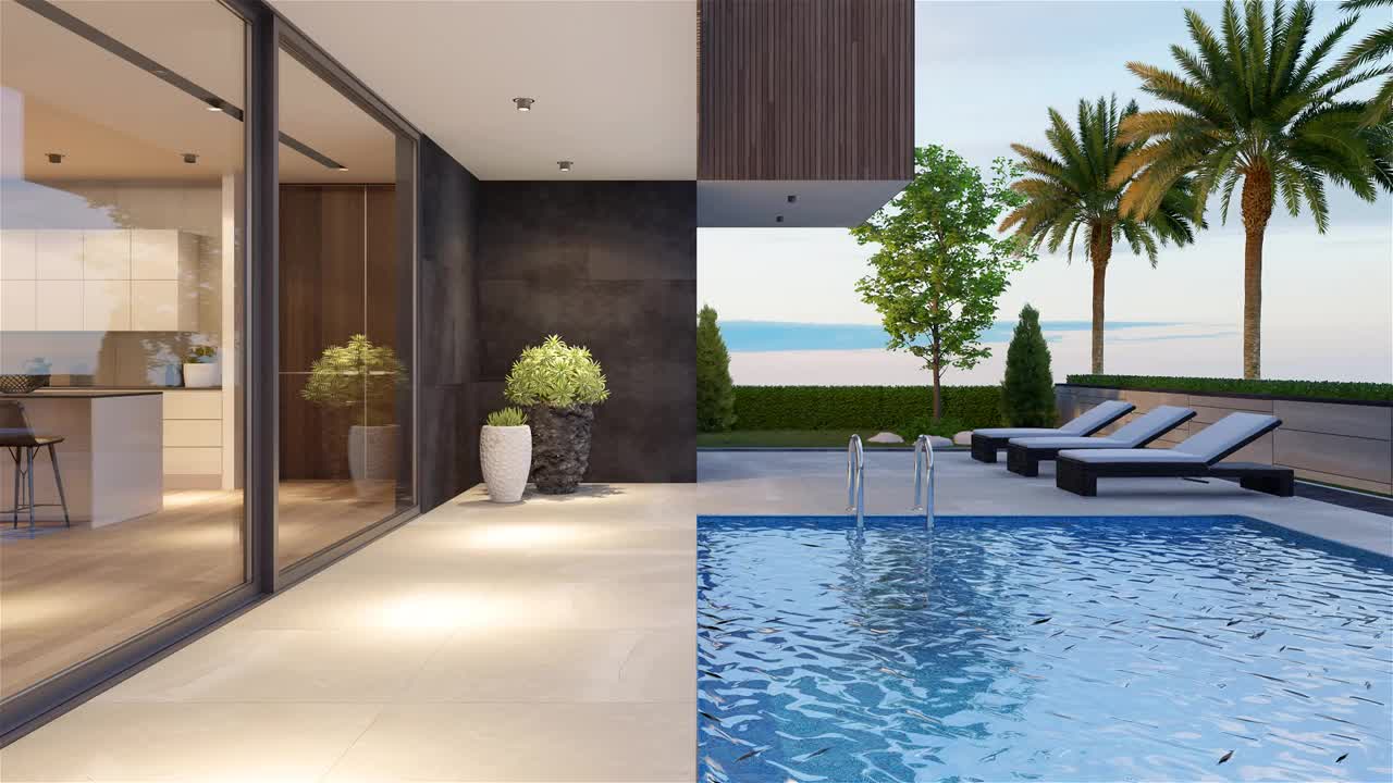 现代别墅后院与游泳池黄昏概念。棕榈树。副本的空间。视频素材