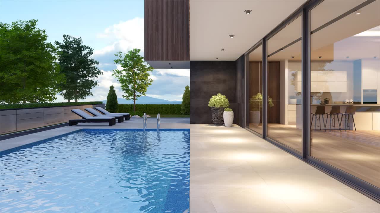 现代别墅后院与游泳池黄昏概念。森林。副本的空间。视频素材