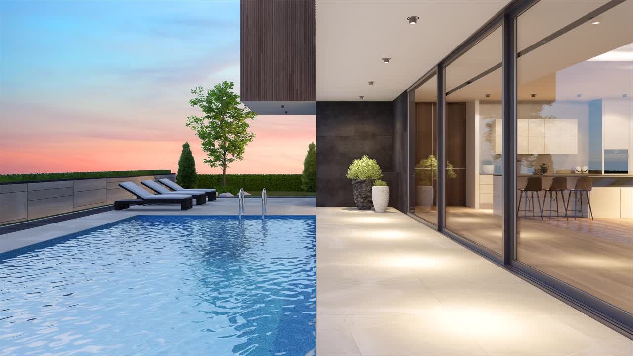 现代别墅后院与游泳池黄昏概念。副本的空间。视频素材