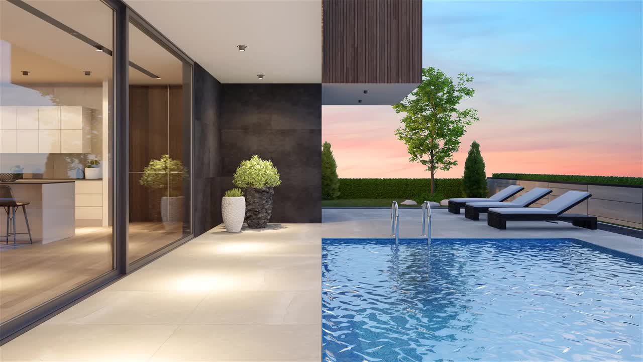 现代别墅后院与游泳池黄昏概念。副本的空间。视频素材