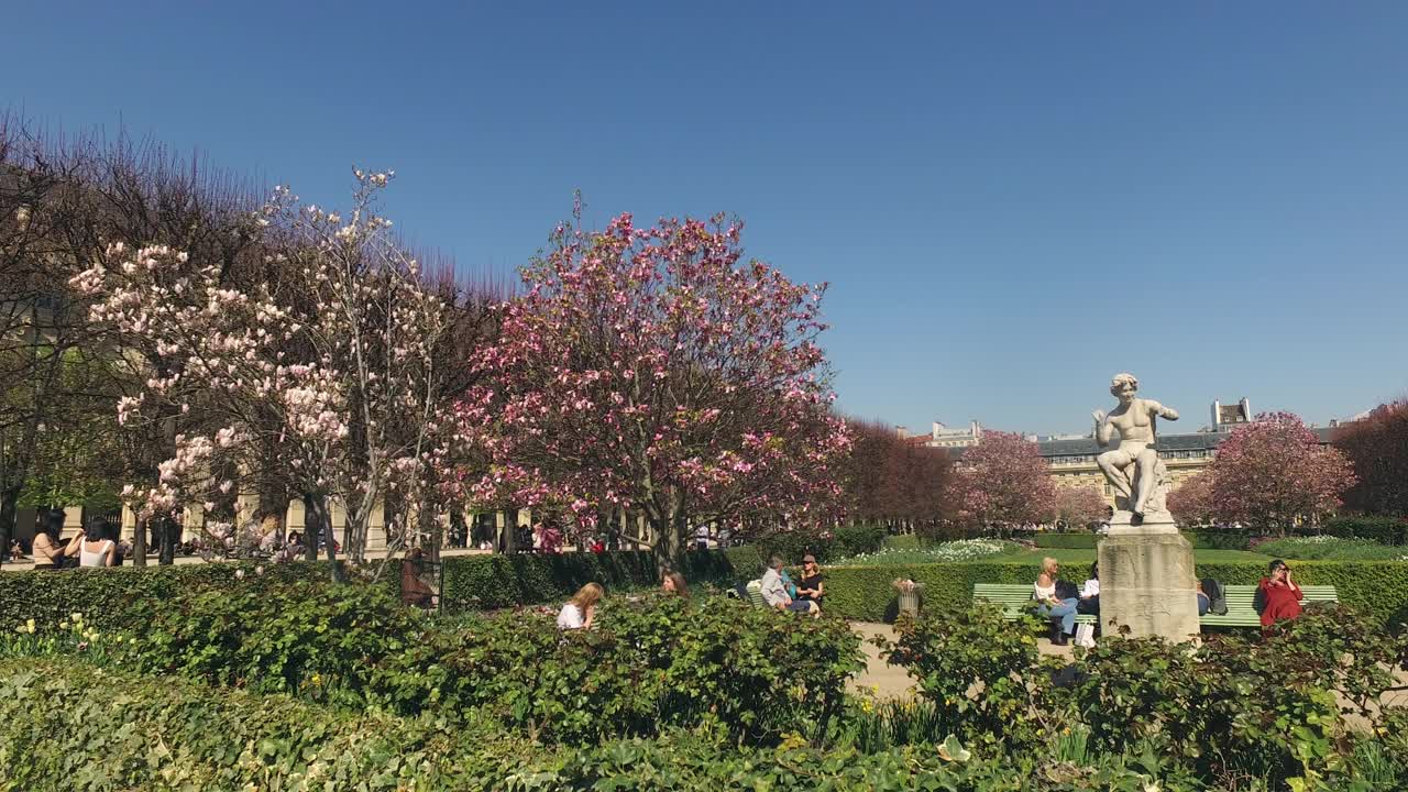 春天，人们在巴黎皇家宫殿的花园里视频下载