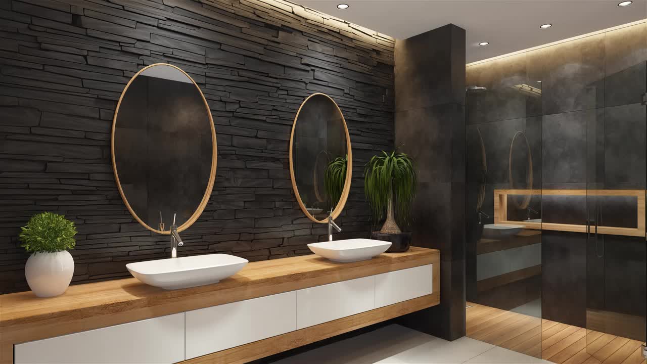现代黑色极简主义浴室与黑色石板石墙。现代温泉浴概念。视频下载