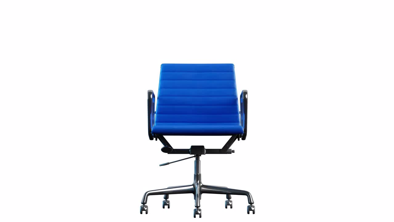 4k现代钢和蓝色皮革办公椅旋转。循环。白色背景。视频下载