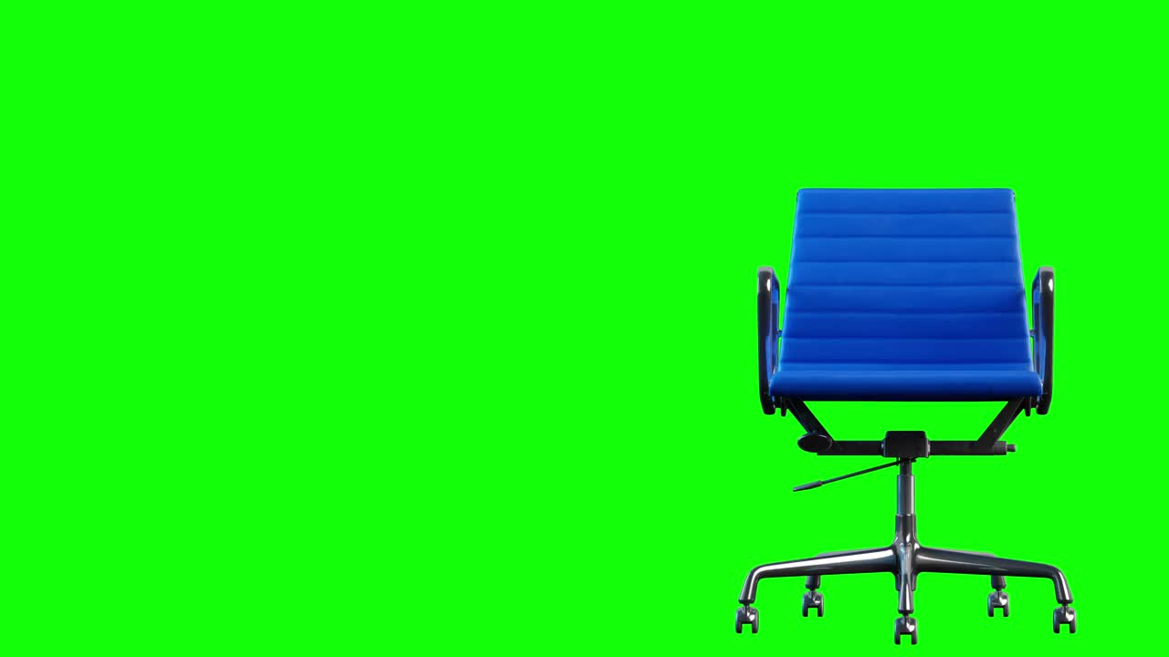 4k现代钢和蓝色皮革办公椅旋转。循环。色度键为绿色背景。视频素材