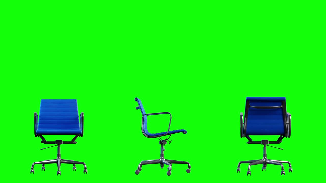 4k现代钢和蓝色皮革办公椅旋转。循环。色度键为绿色背景。视频下载