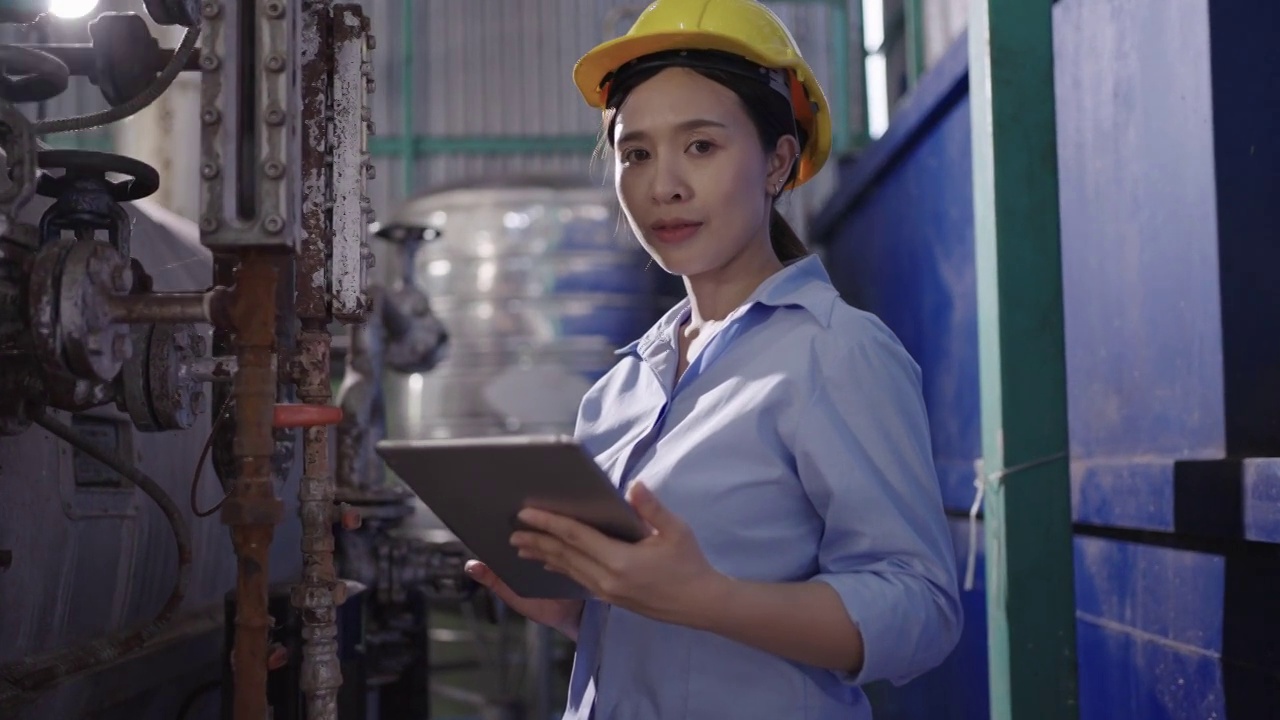 工厂里微笑的年轻女操作员视频素材