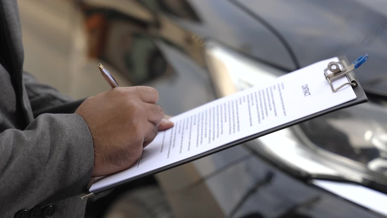 一个年轻的商人签署了一份豪华汽车租赁合同，并根据协议在文件上签署了一份汽车保险购买合同视频下载