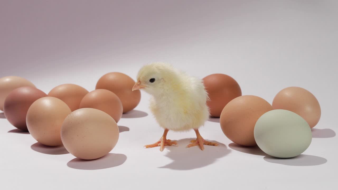 黄色的小鸡在棕色的蛋旁四处张望视频素材