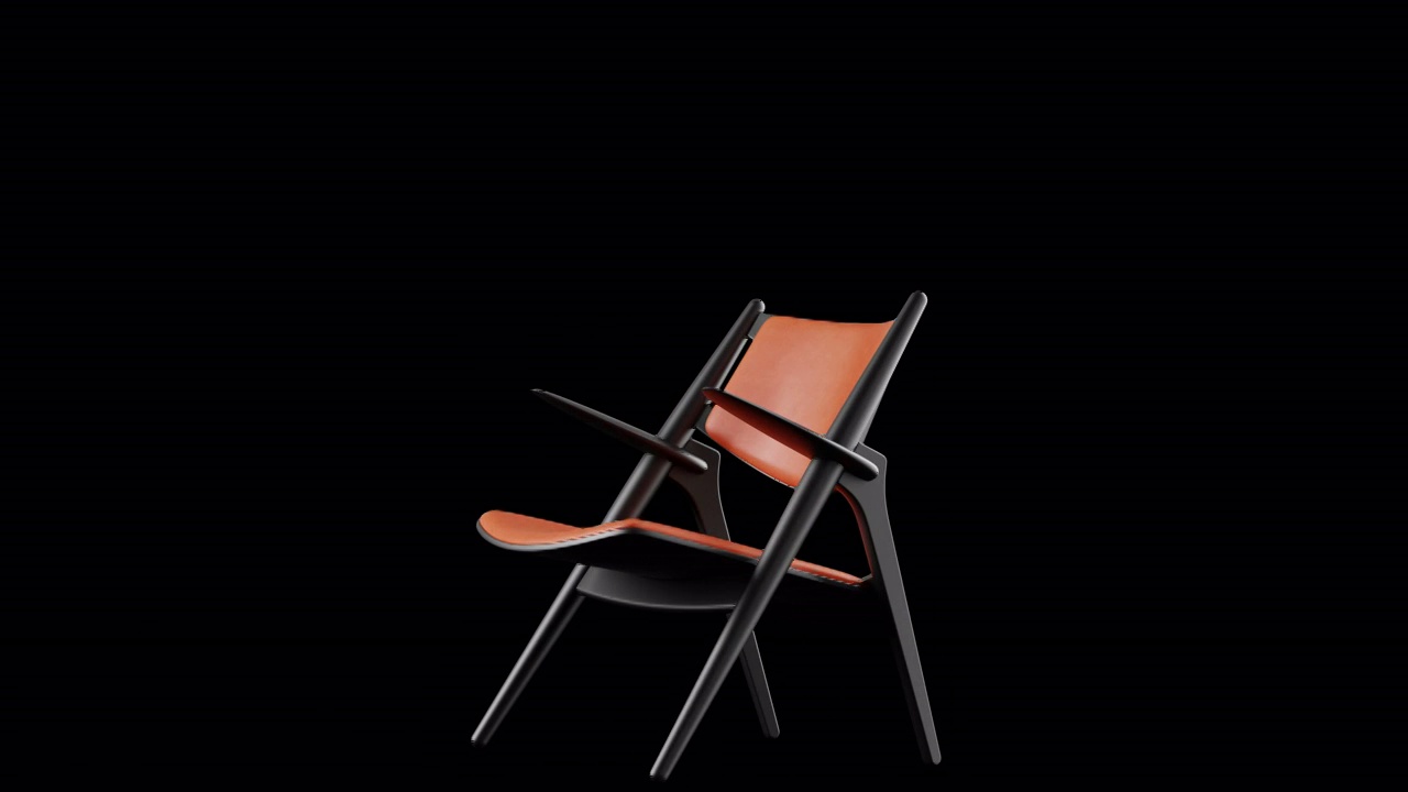 4k现代扶手椅橙色皮革和黑色木材。现代家具。旋转。循环。副本的空间。视频素材